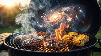 authentic human lifestyle concept Cosmic BBQ: Grilling burgers and corn with a surreal galaxy and stars emerging from the smoke at sunset. modern commercial stock usage