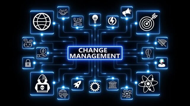 Change management network animation with connected technology icons, glowing data nodes and organizational transformation workflow visualization on dark background