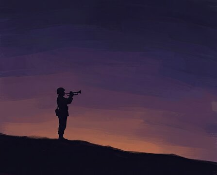 authentic human lifestyle concept Remembrance Day Memorial: Silhouette of a soldier playing a bugle at sunset. Veterans Day tribute, military funeral concept. modern commercial stock usage