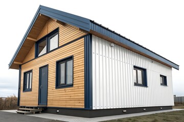 Fototapeta premium Modern prefabricated modular house featuring a striking contrast between natural wood cladding and bright white vertical siding under a dark blue roof