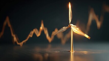 Golden Wind Turbine: A sleek, golden wind turbine stands as a symbol of sustainable energy, its blades catching the light against a backdrop of financial data, representing the growth in green energy - Powered by Adobe