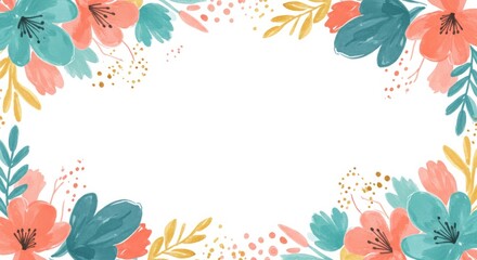Soft Pastel Floral Wreath Border with Teal Pink and Gold Accents on White Background