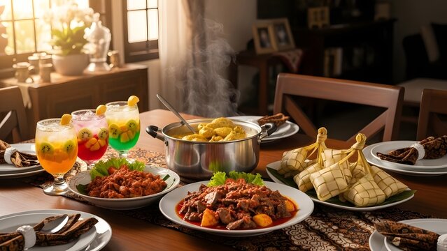 A delicious spread of Indonesian traditional food served during Hari Raya Idul Fitri. Featuring Opor Ayam (yellow chicken curry), Ketupat (rice cakes), and spicy beef liver (Sambal Goreng Ati) on a wo