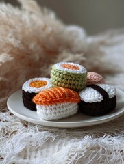Plate of sushi made out of yarn