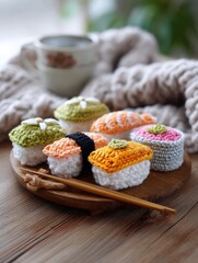 Plate of crochet sushi is displayed on a wooden table
