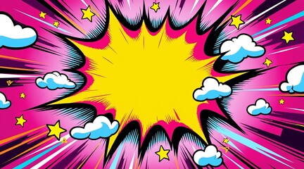 Vibrant Pink Purple Comic Book Explosion With Radiating Yellow Burst And Cartoon Clouds