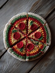 Crocheted pizza with a green leaves and pepperoni on top
