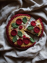 Crocheted pizza with a slice cut out