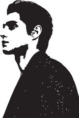 Stylized Black and White Profile Portrait of a Young Man with Classic Hairstyle, Evoking Retro or Rockabilly Aesthetic, Graphic Illustration © amodha