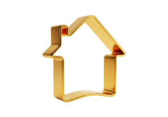 abstract symbol of a home formed by a continuous, flowing 24k gold ribbon, hyper-realistic 3d rendering with bokeh on a transparent background, concept of luxury property investment