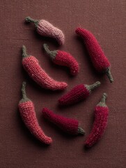 Row of red knitted peppers are arranged on a brown background