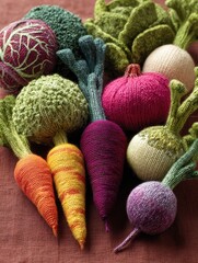 Bunch of knitted vegetables, including carrots, broccoli, and radishes