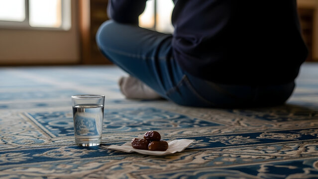 Man sitting on prayer mat with water and dates for suhoor during Ramadan