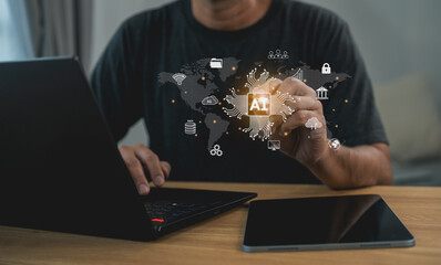 Businessman touching virtual AI chip processor on global network interface while using laptop. Concept of artificial intelligence technology, digital transformation, and future connection.