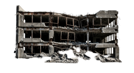 massive brutalist parking garage ruins with crumbling concrete, exposed rusty rebar, set against a transparent background under harsh chiaroscuro lighting, oppressive post-apocalypse atmosphere