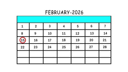 February 2026 monthly calendar planner template with the fifteenth day circled in red for important event scheduling on a white background.
