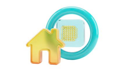 3D Golden House Icon with Blue Circle and Square Element