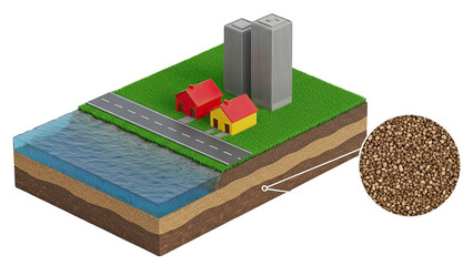 Cross-section of land with buildings, water, and soil granules