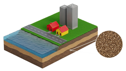 Cross-section of land with buildings, water, and soil granules