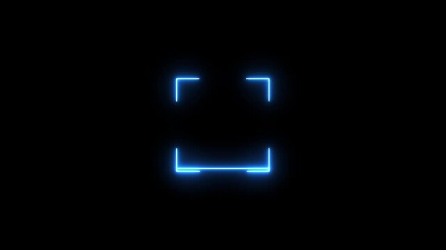 A simple glowing neon blue square frame with corner brackets is presented on a black background representing a scanning area or a digital interface for technology concepts