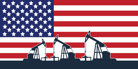 Oil rig pumpjack background. American petroleum industry. united states of america flag. Crude oil