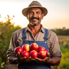 A smiling man, wearing a hat and overalls, holds a bunch of red fruit. The setting is outdoors with foliage in the background