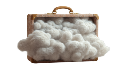 Suitcase filling with soft white clouds, symbolizing dreams, travel aspirations, fantasy, and freedom on transparent background