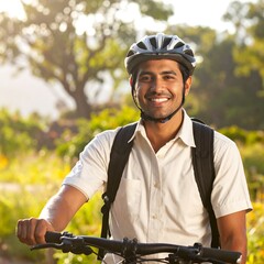 A smiling man, wearing a helmet and backpack, poses on a bicycle. The image is a medium shot outdoors with sunlight
