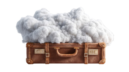 Vintage suitcase with soft white cloud emerging, representing travel dreams, imagination, and aspirational journeys