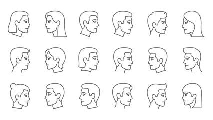 Diverse Human Profile Faces Linear Icons Set