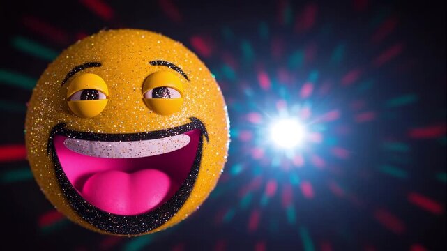 Textured yellow 3d smiley face shows wide happy expression against dynamic red and blue background flashes, representing pure digital euphoria and crazy party emotion celebration atmosphere