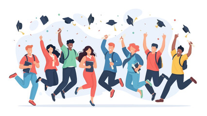 wide flat vector illustration of a group of young graduates