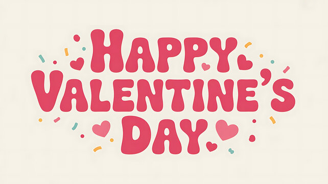 Happy valentine's day greeting in bubbly pink font with hearts and confetti