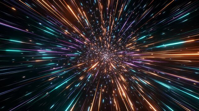 Neon light streaks moving fast, Abstract hyperjump tunnel background, Concept of high-speed space travel and data flow