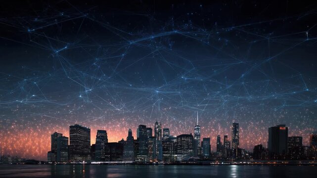 Night Cityscape: The modern city skyline merges with an intricate network of data, illuminating the night sky with its interconnected web of technological progress and infrastructure. 