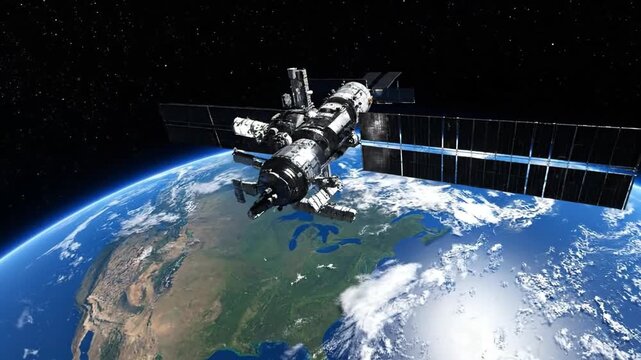 Satellite orbiting Earth above North America in space, beautiful view.