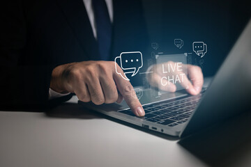 Business concept showing live chat and online customer support, highlighting real time communication, digital service, and interactive assistance in modern technology driven companies.