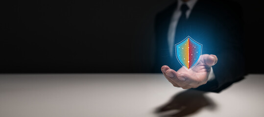 Business concept showing digital security and data protection, representing cybersecurity, risk management, and protection of information systems in modern technology and corporate environments.