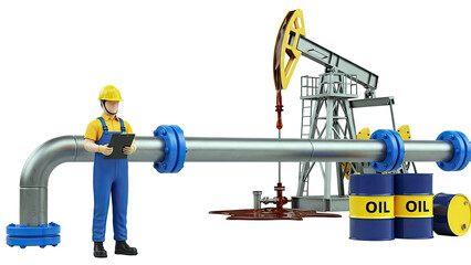 Oil Industry Scene with Worker, Pumpjack, Pipeline, and Barrels