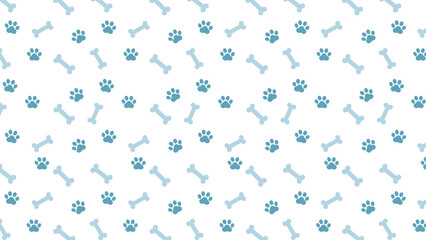 Fototapeta premium Seamless pattern with navy blue paw prints and light blue dog bones on a white background. Cute animal footprint vector for pet shop branding, nursery wallpaper, and fabric textile design