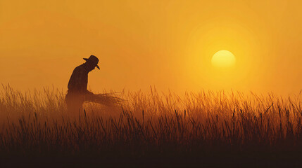 A silhouette of a person working in a wheat field against the backdrop of a setting sun. The golden-hour light casts a warm glow over the scene