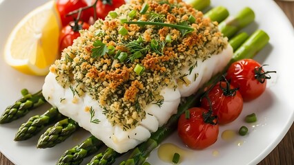Delicious baked fish with asparagus tomatoes and lemon on white plate