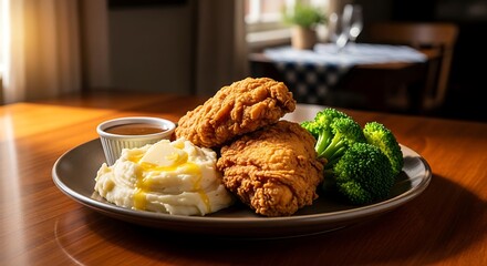 Delicious fried chicken meal with sides on plate close up