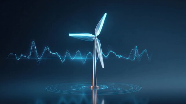 Power of Future: A gleaming wind turbine generates clean energy, symbolizing the eco-friendly innovations of tomorrow, set against a digital waveform, representing the power.