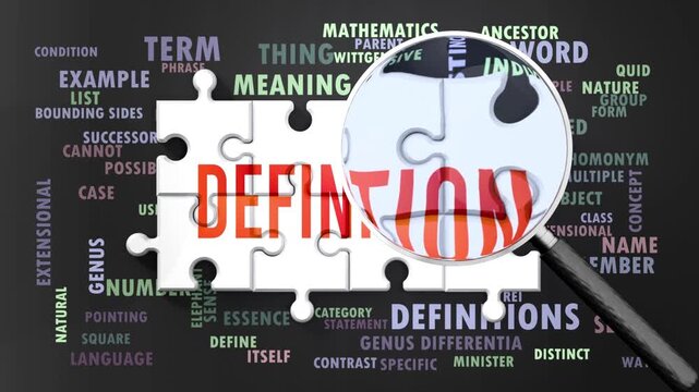 Definition under magnifying glass, being researched, studied and examined. Most important subjects and ideas closely related to definition written around a puzzle.Can be looped.