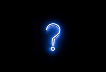 A blue 3D question mark symbol glowing on a black background serves as an icon for business FAQ concepts, representing an interrogation sign or web help button for internet users seeking an answer