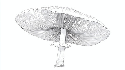 An intricately drawn monochrome illustration of a mushroom, revealing its underside in stunning detail