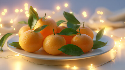 Fresh tangerines with green leaves on a white plate, decorated with warm festive lights in the background. Perfect for holiday, winter, and healthy food concepts.
