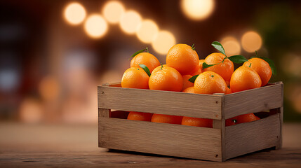 Fresh tangerines with green leaves on a market stall 