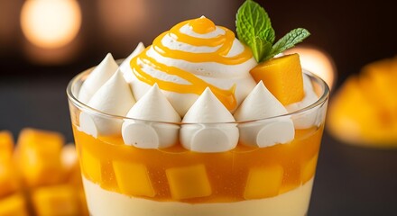 Delicious mango dessert in glass with whipped cream and mint garnish